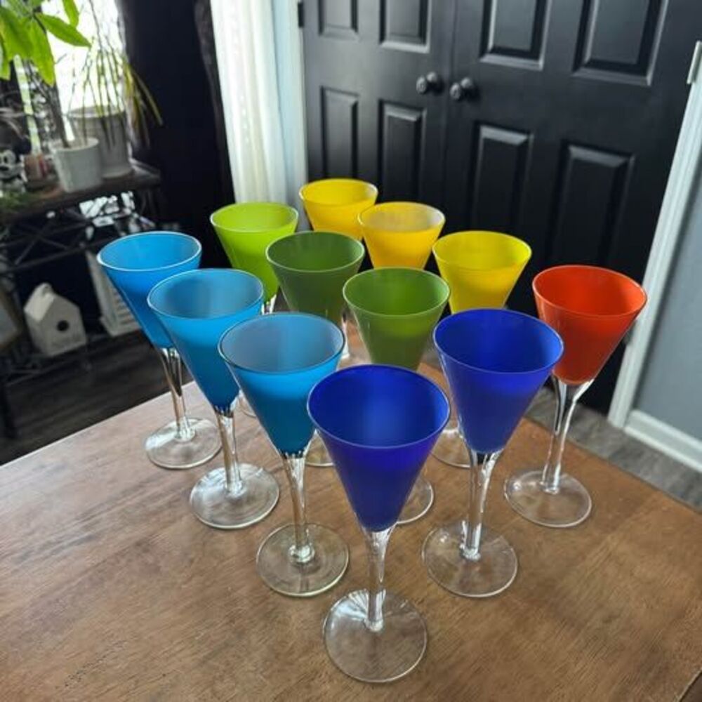 Vintage Multicolor Cased Glass Stem Cordials 8.5"H 2"W Set of 12